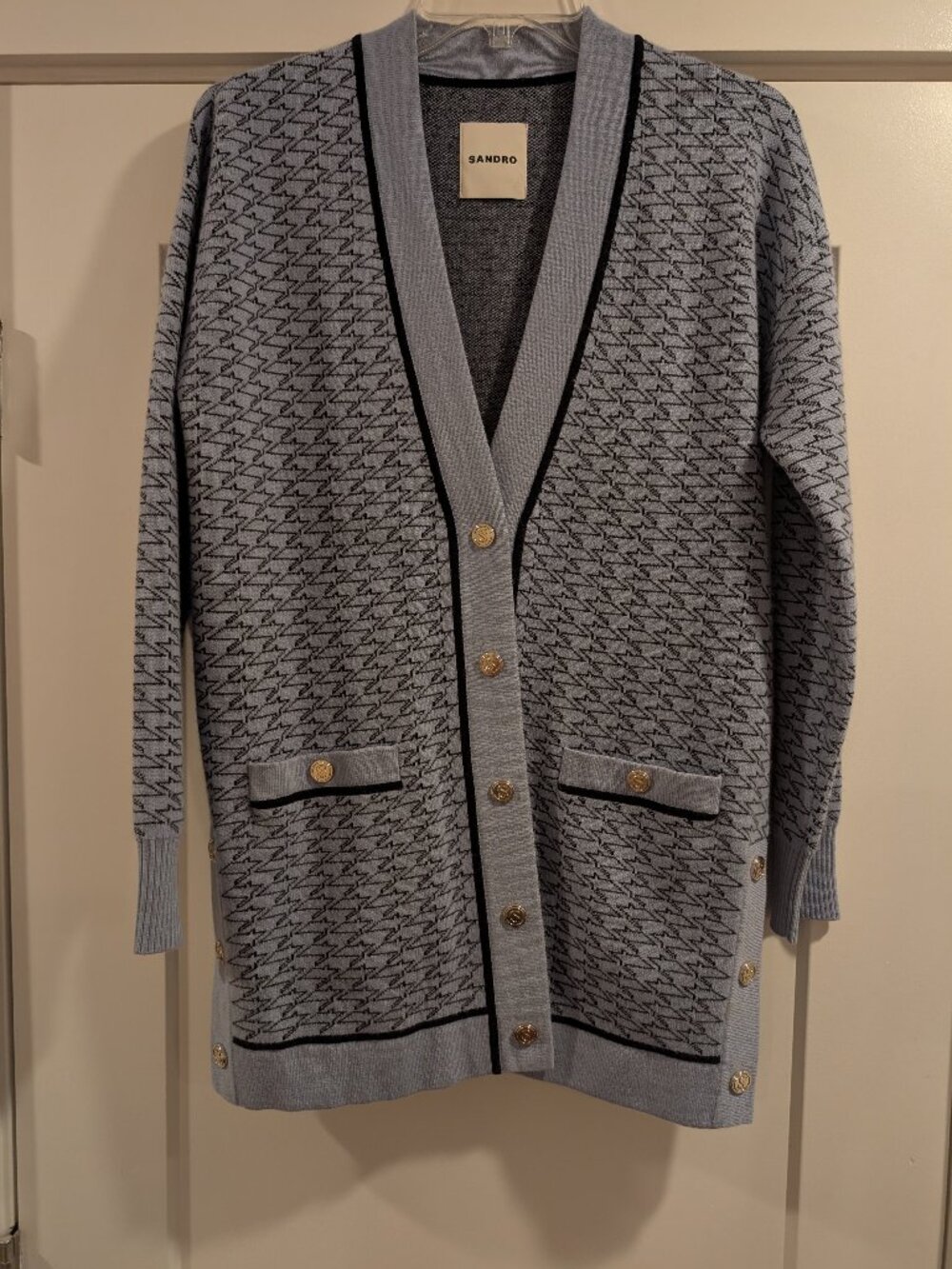 Sandro Check Cardigan with Gold Buttons